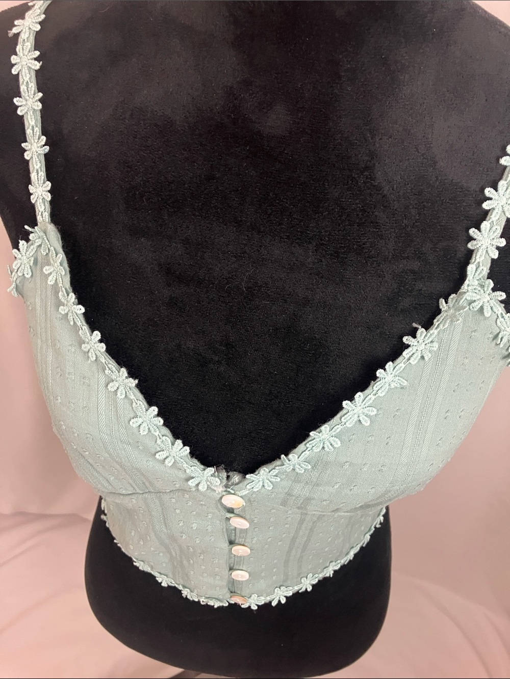 Mint Green Floral Trim Cropped Button Front Top Woman’s Size Small - Picture 2 of 6